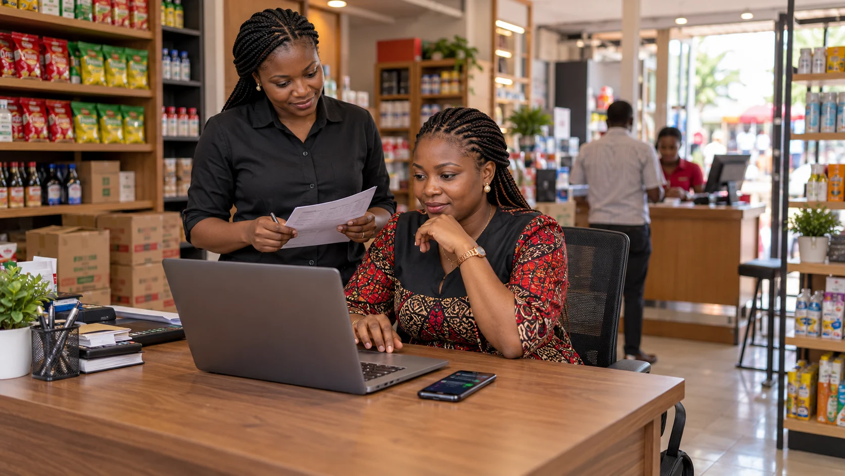 Retail manager reviewing customer engagement and loyalty workflows on laptop and phone