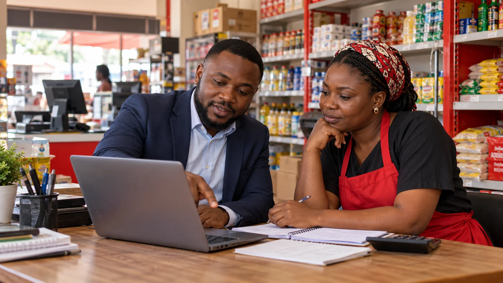 Operations consultant and retail business owner reviewing store performance together