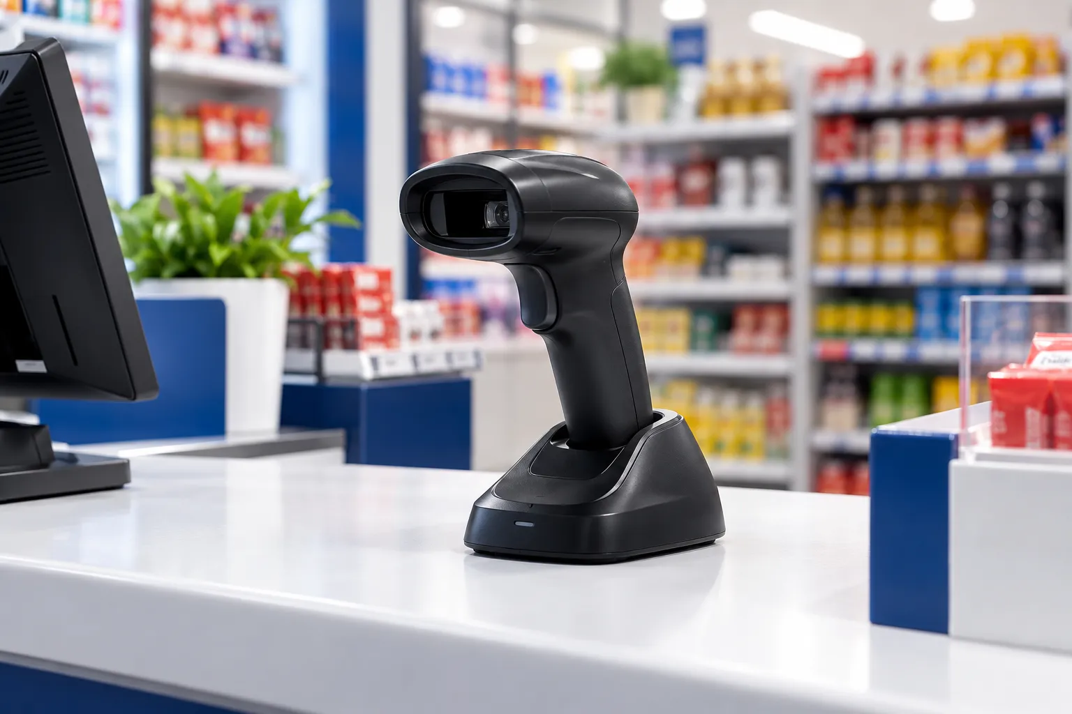 Barcode scanner on a Nigerian retail checkout counter