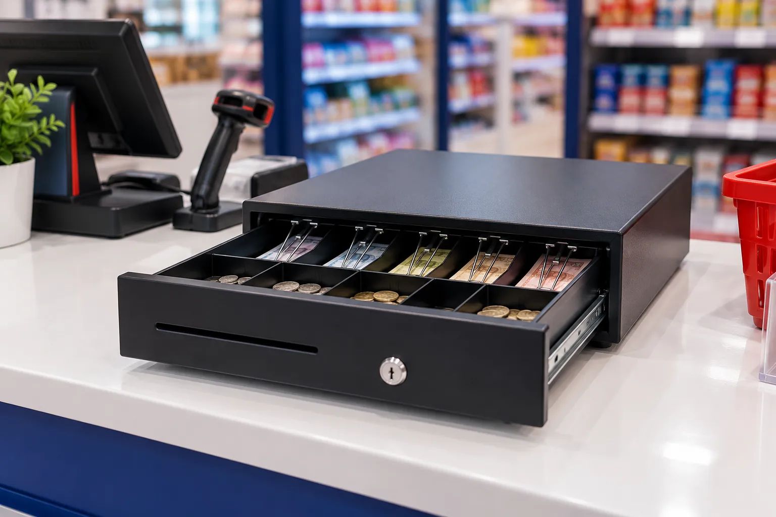 Cash drawer on a Nigerian retail checkout counter