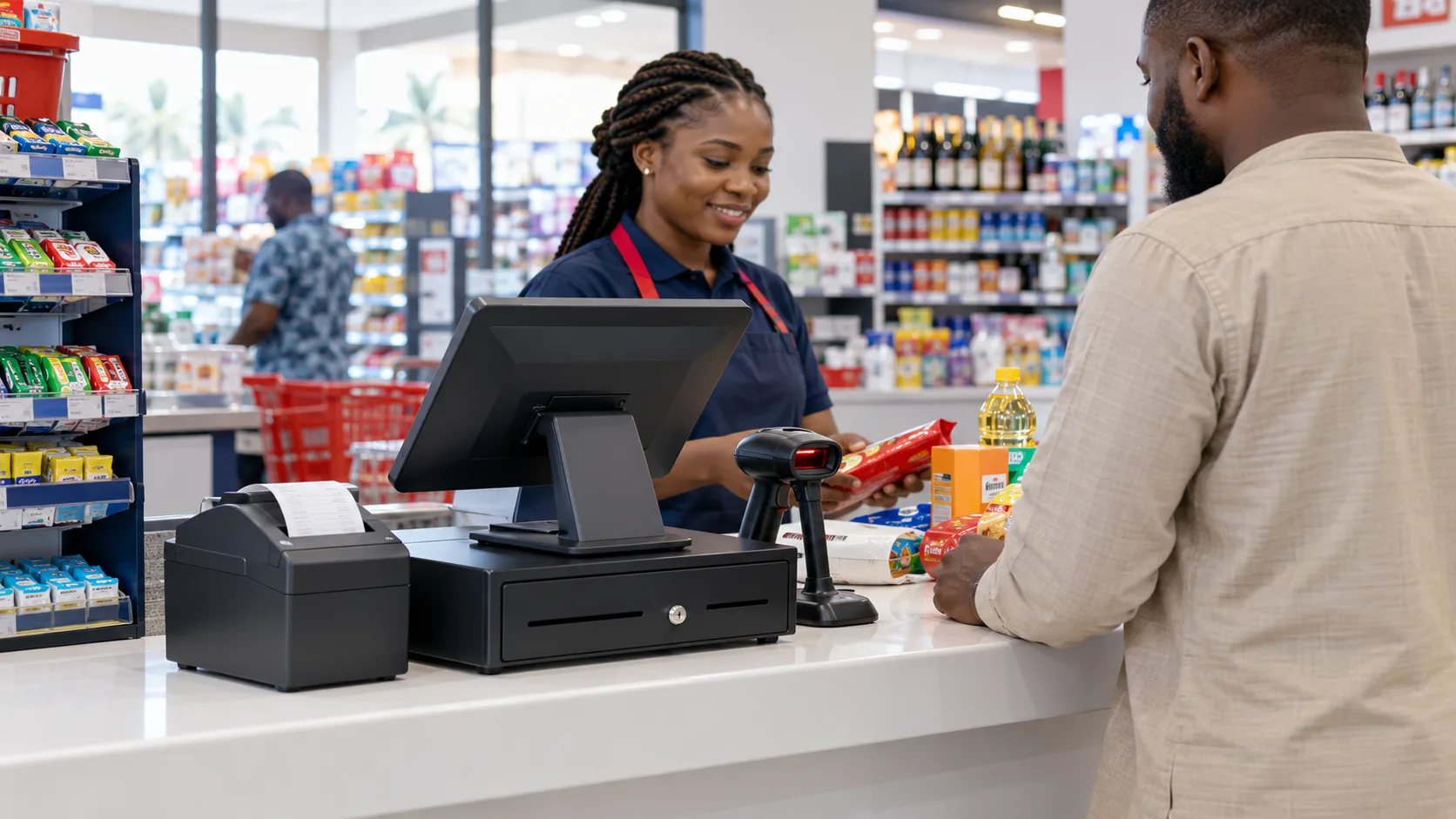 Retail checkout counter with POS terminal, receipt printer, barcode scanner and cash drawer