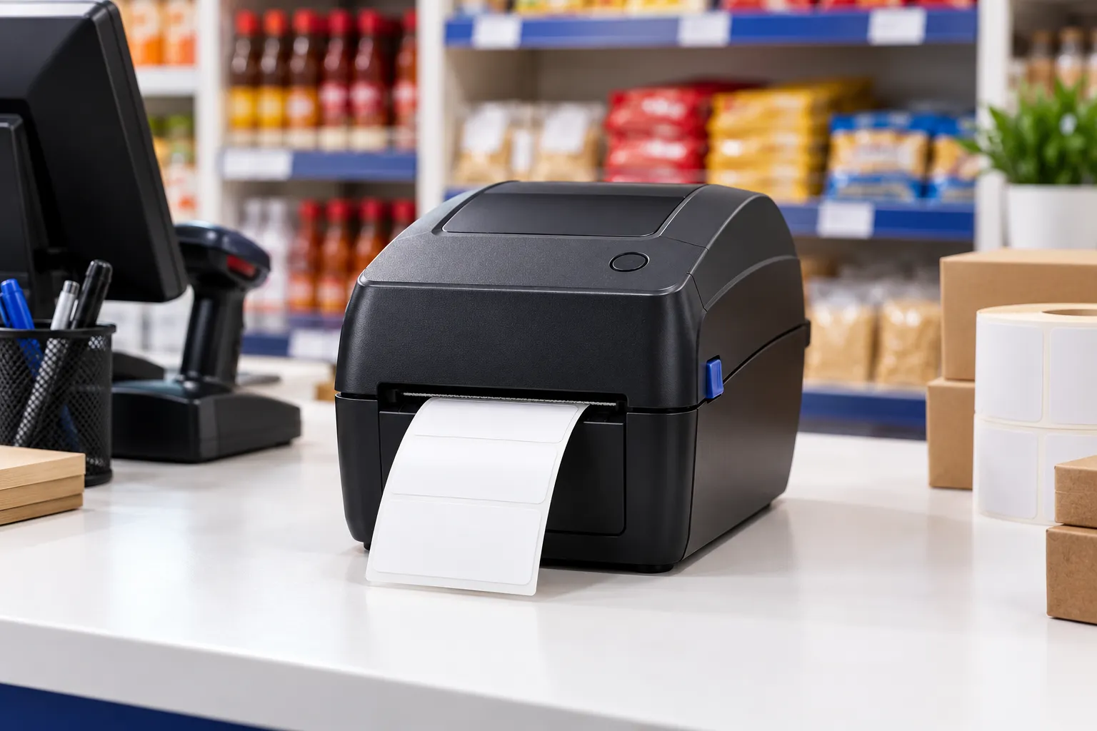 Label printer on a Nigerian retail stock counter