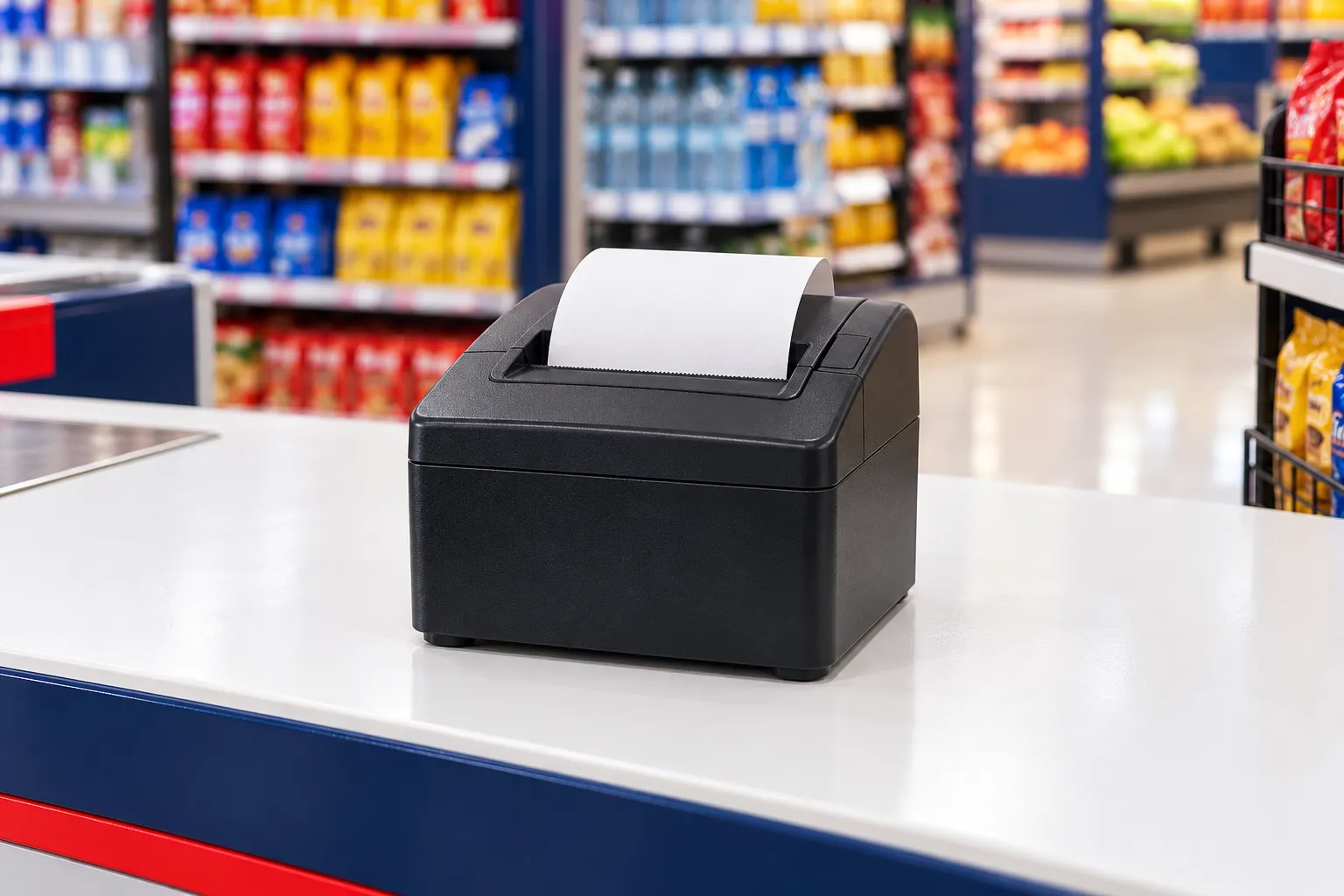 Thermal receipt printer on a Nigerian retail checkout counter