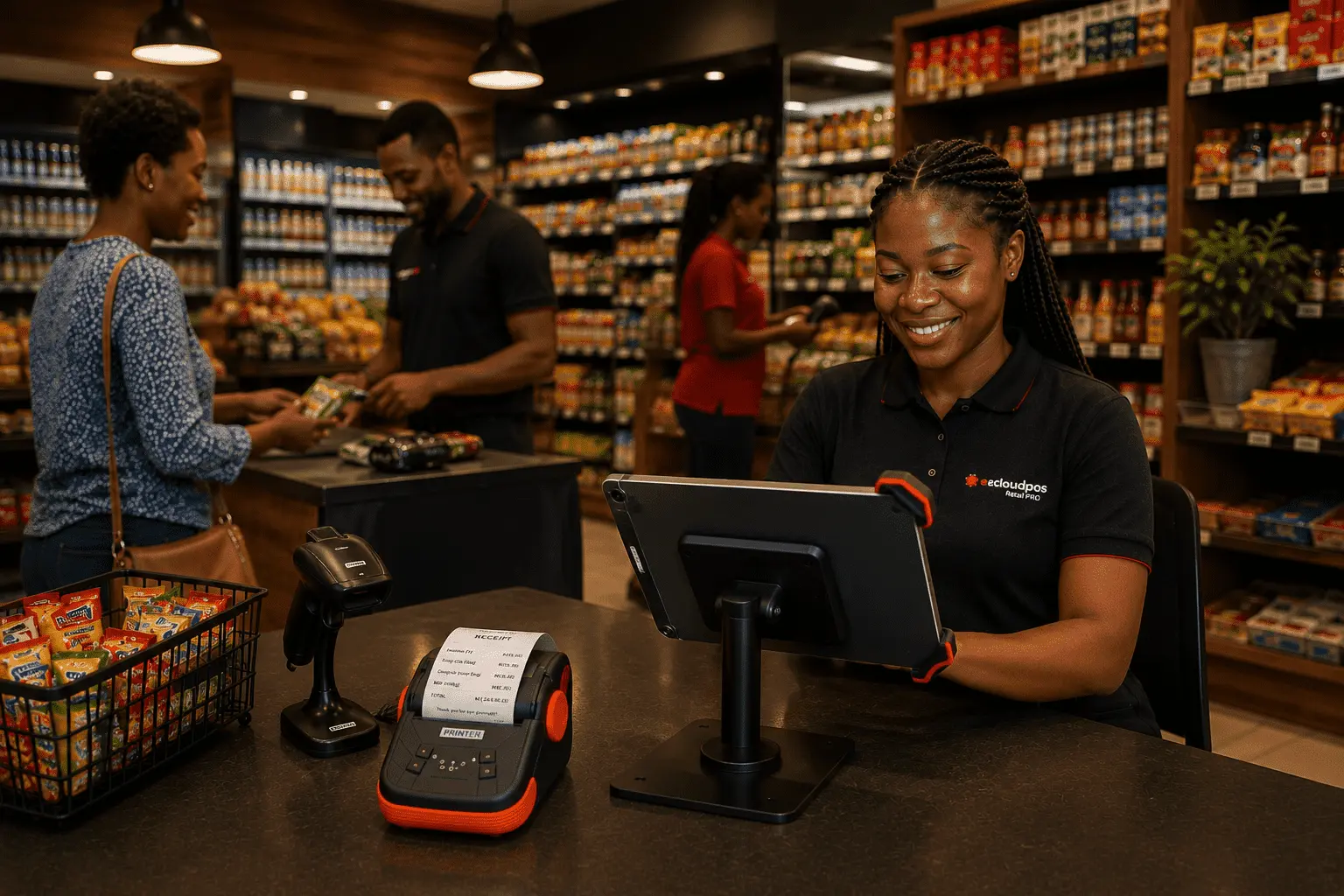 Modern retail checkout using POS hardware with staff and customer